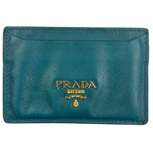 Prada Teal Saffiano Leather Card Holder with Gold Logo